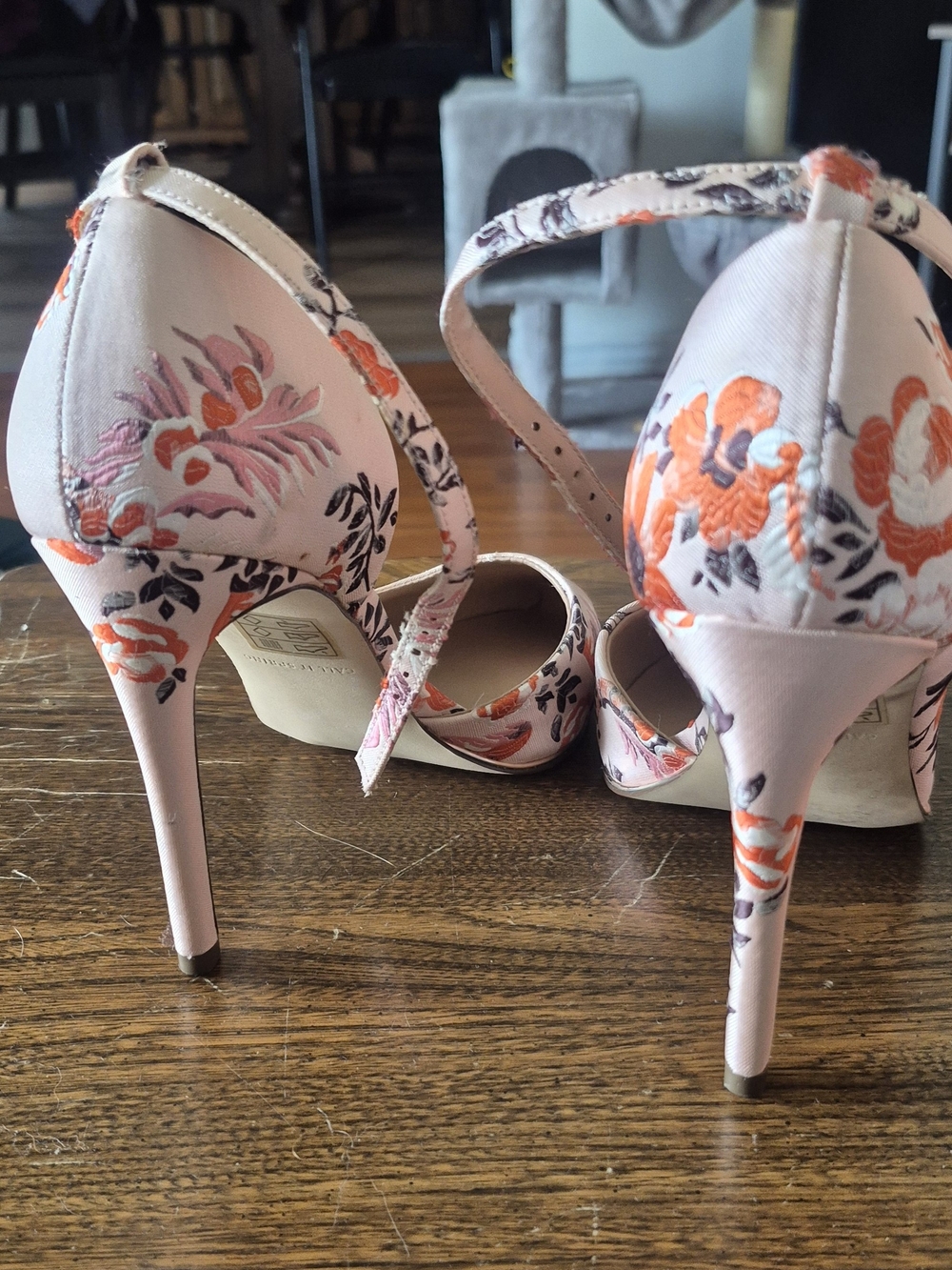 Call It Spring Floral Pointed Ankle-Strap Pumps in Cream and Orange - Picture 4 of 6